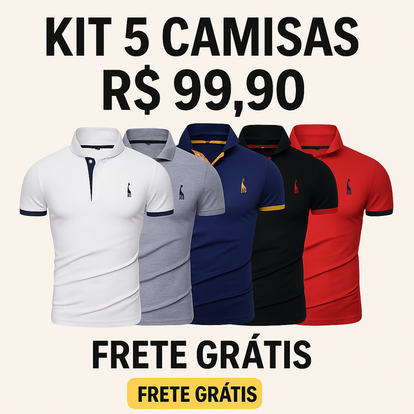 Kit 5 Camisas Polos Masculinas Animals - Branco, Azul, Cinza, Vermelho e Preto