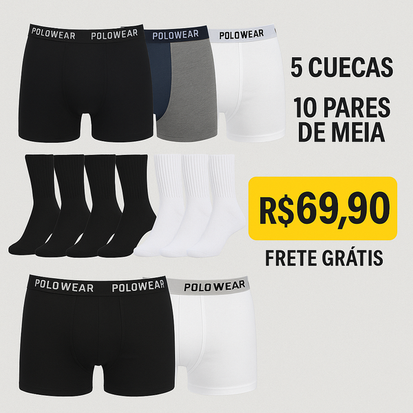 KIT 5 CUECAS + 10 PARES DE MEIA - FRETE GRÁTIS