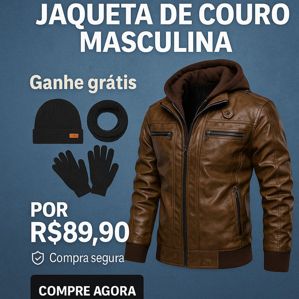Jaqueta de Couro Masculina - Jones Carter + Brinde KIT FRIO