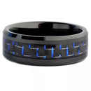 Anel Tungstenio Preta com Fibra De Carbono Azul