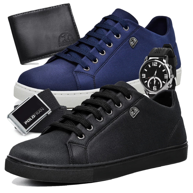 Kit 2 Tênis Masculino Polo Fran Sapatênis Básico Casual Com Carteira Cinto e Relógio London