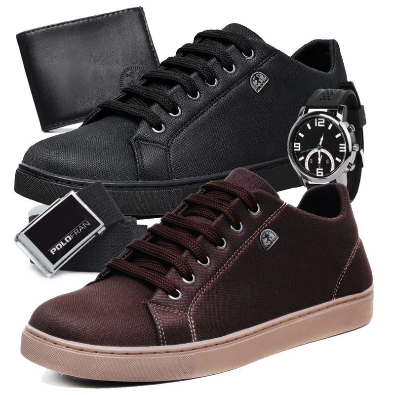 Kit 2 Tênis Masculino Polo Fran Sapatênis Básico Casual Com Carteira Cinto e Relógio London