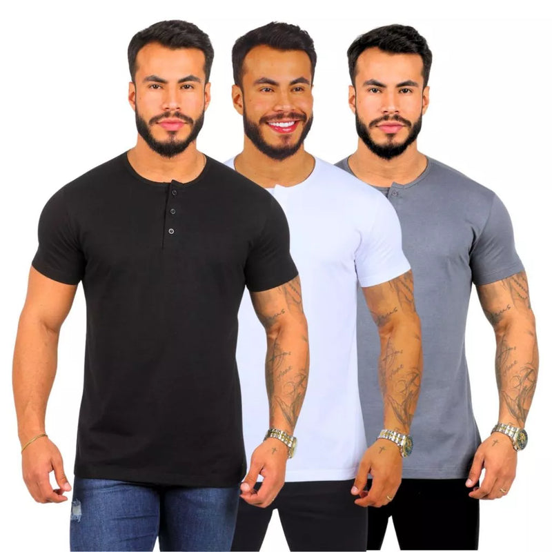 KIT 3 Camiseta Manga Longa Gola Henley Masculina