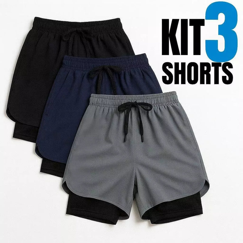 Kit 3 Shorts 2 em 1  Dry Masculino Corrida e Academia com Forro de Compressão