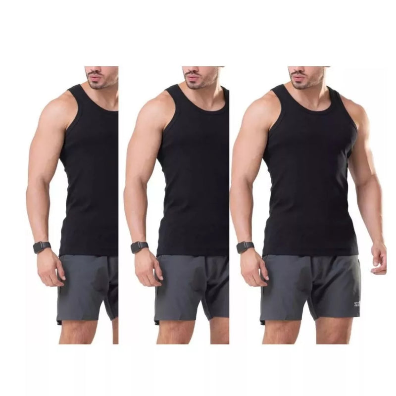 Kit C/3 Regata Premium Masculina Modelo Americano Canelada Algodão e Elastano Malha Encorpada Ultra Conforto