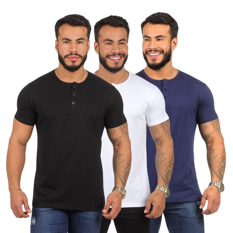 KIT 3 Camiseta Manga Longa Gola Henley Masculina